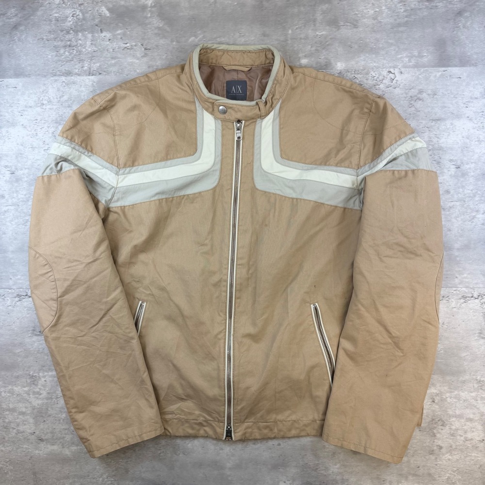 Armani Exchange Mens XL Tan Colorblock Cafe Racer Full Zip Moto Jacket